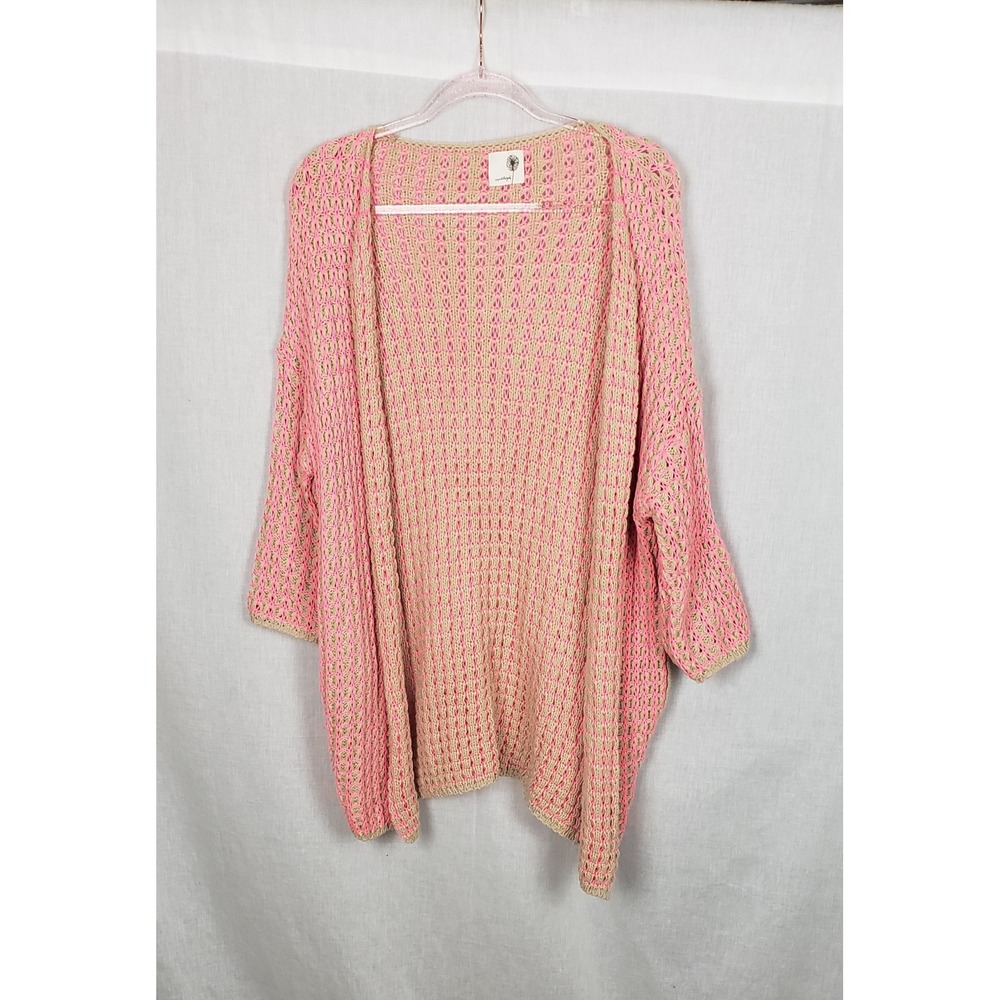 Everleigh Open Knit Crochet Cardigan‎ Pink Tan Oversized 3/4 Sleeve Pockets
